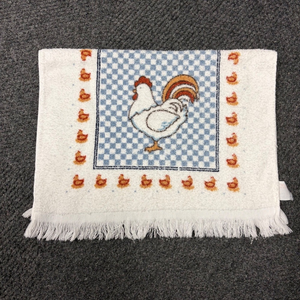 Vintage Cannon Rooster Hand Towel White Blue Checkered Fringe Farmhouse Country
